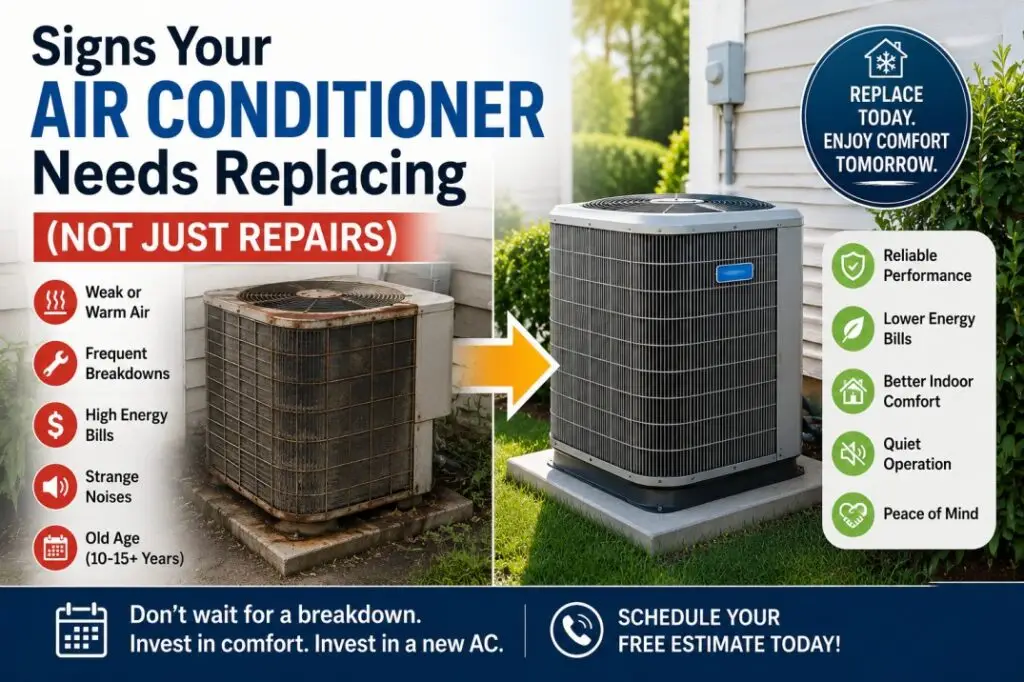 Old and new air conditioning units side by side, illustrating the signs an air conditioner needs replacement instead of repairs, including frequent breakdowns, high energy bills, and poor cooling performance.