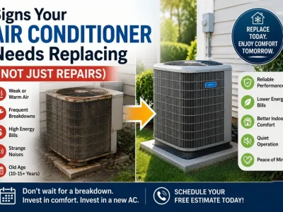 Old and new air conditioning units side by side, illustrating the signs an air conditioner needs replacement instead of repairs, including frequent breakdowns, high energy bills, and poor cooling performance.